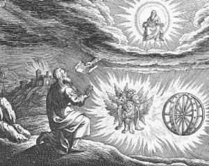 Kupferstich der Merkabavision des Ezechiel aus dem Iconum Biblicarum des Matthäus Merian (1593-1650)